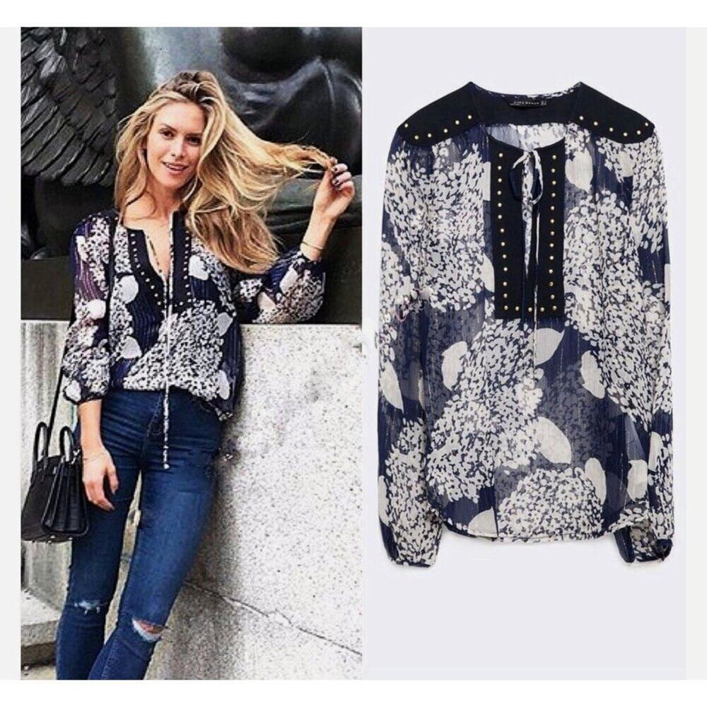 Zara Mulberry Silk Navy/Ecru Long Sleeve Blouse with Studs Women's Size Medium N
